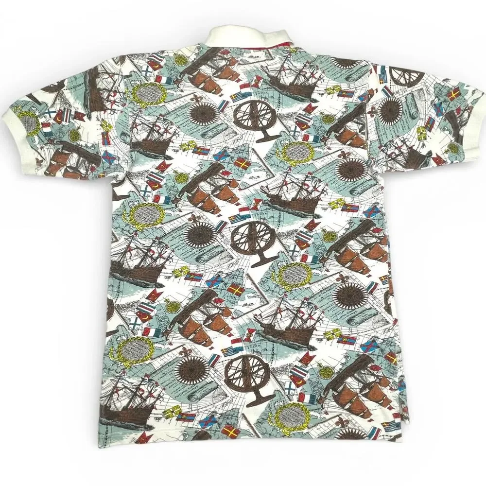 Vintage 90s Tommy Hilfiger Nautical Map AOP Polo Shirt Small S Sailboat - Picture 2 of 7
